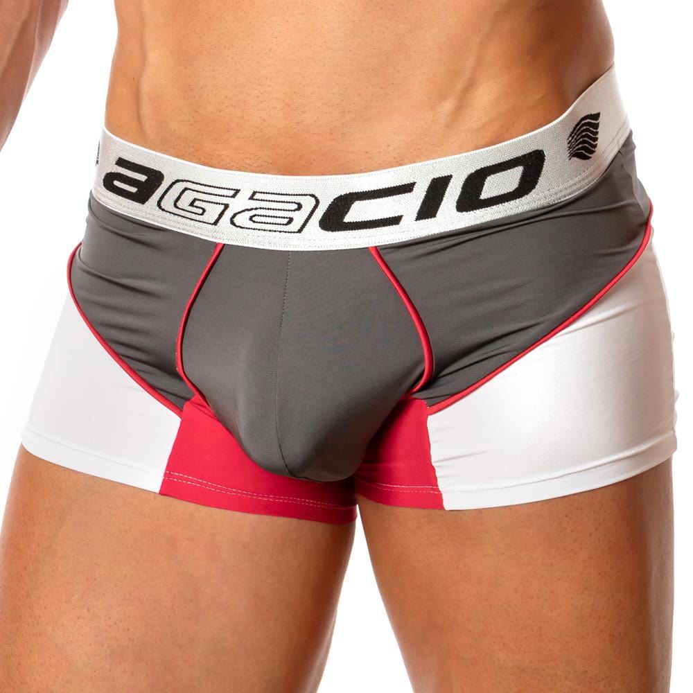 Agacio agg042 boxer trunk gray and white athletic briefs with red trim and branded elastic waistband