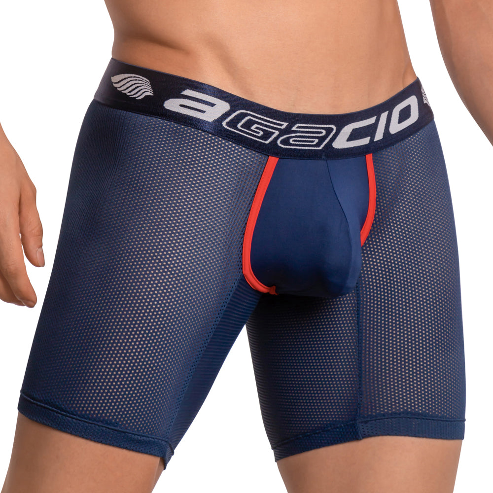 Navy blue mesh agacio AGG051 boxer trunk with orange trim and white logo waistband for breathable comfort