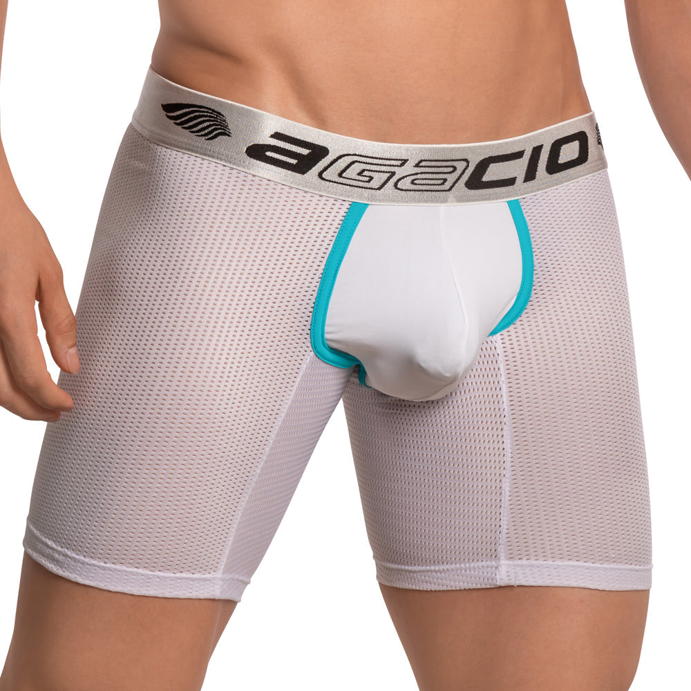 White mesh boxer briefs with silver agacio waistband and teal trim along leg openings agacio agg051 boxer trunk