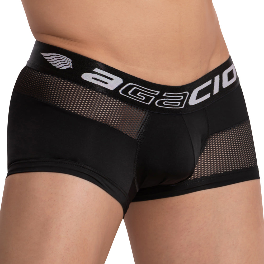 Black agacio agg059 boxer trunk men’s briefs with mesh panels and white logo on waistband front view