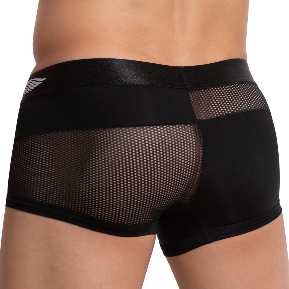 Agacio agg059 black mesh briefs with satin waistband and small white wing logo on left side