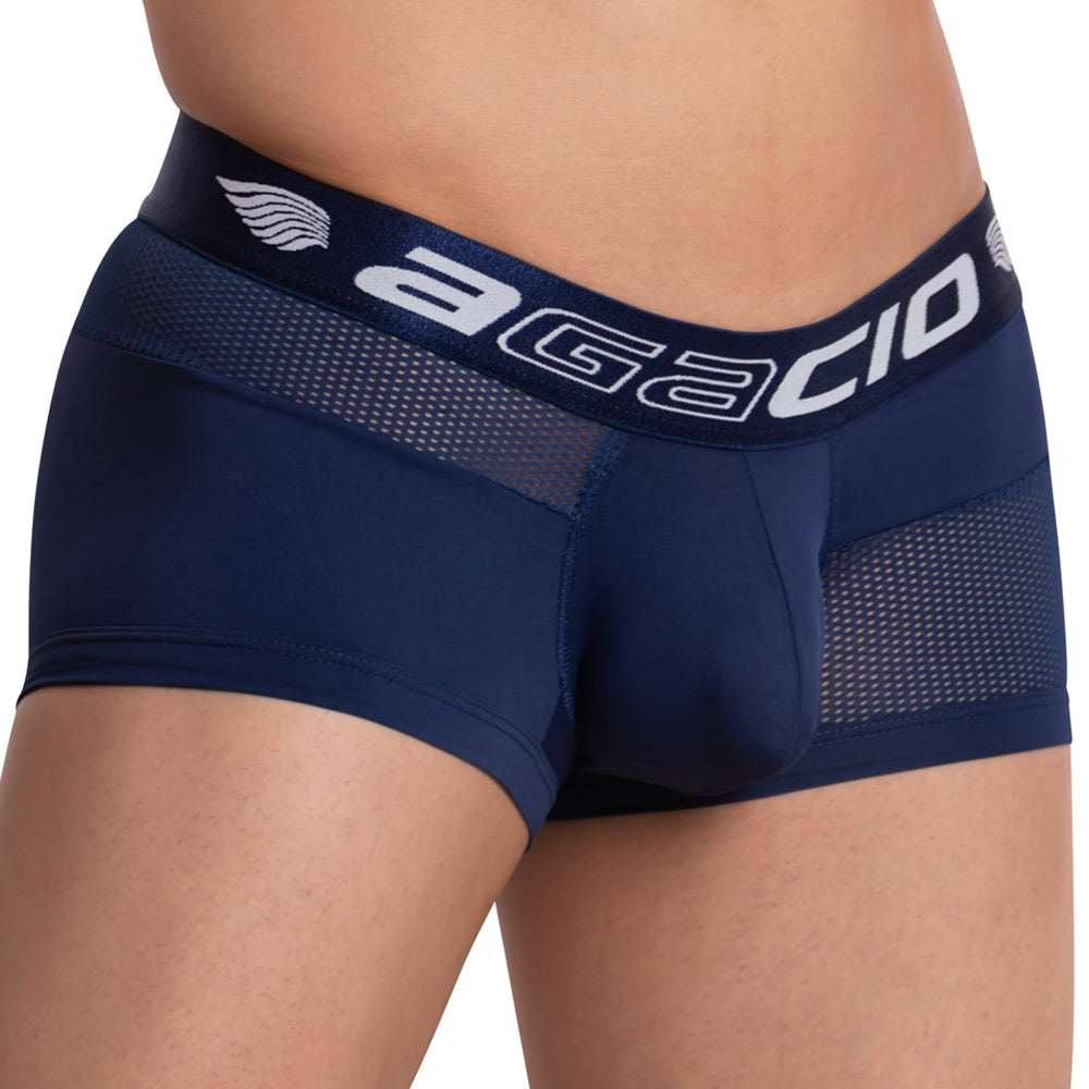 Navy blue agacio agg059 men’s boxer trunk briefs with mesh panels and white logo trim for comfortable wear
