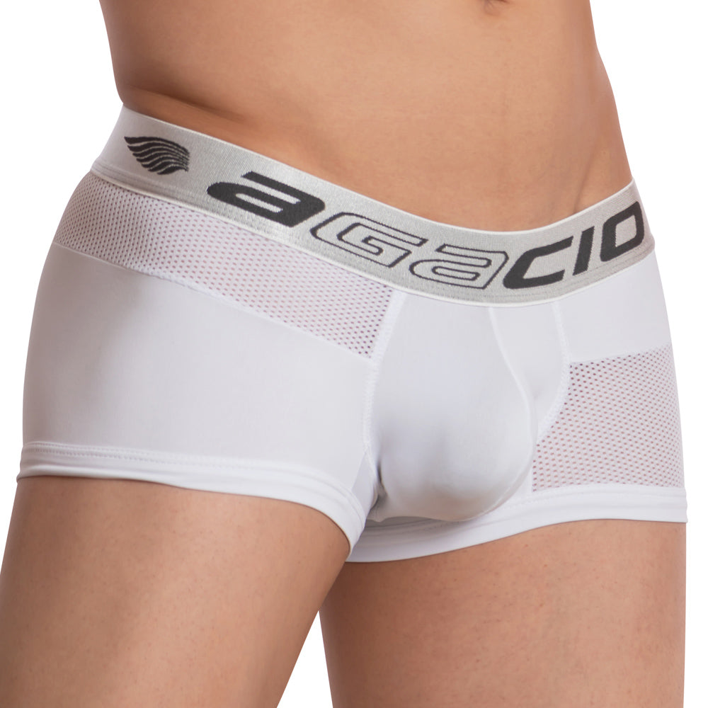 White agacio AGG059 boxer trunk briefs with mesh panels and gray waistband featuring the brand logo