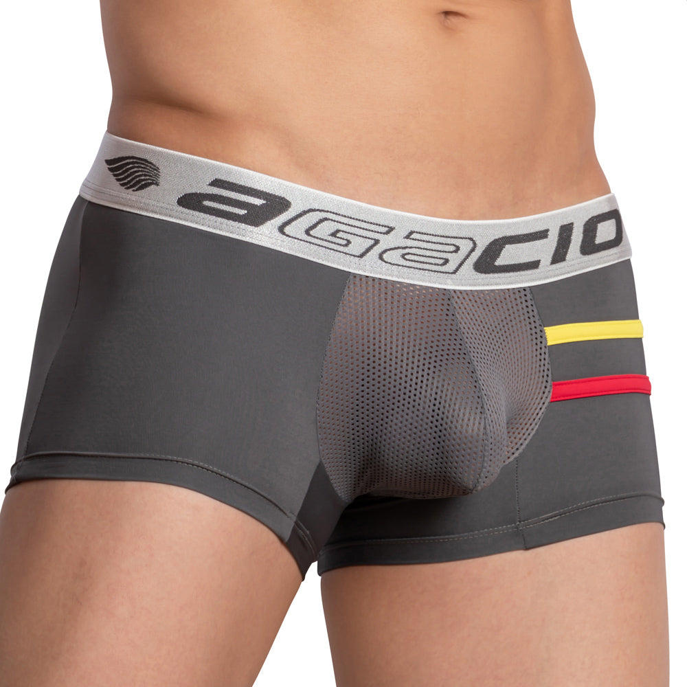 Gray agacio agg064 men’s boxer trunk with mesh panel and yellow red accent stripes for comfortable support