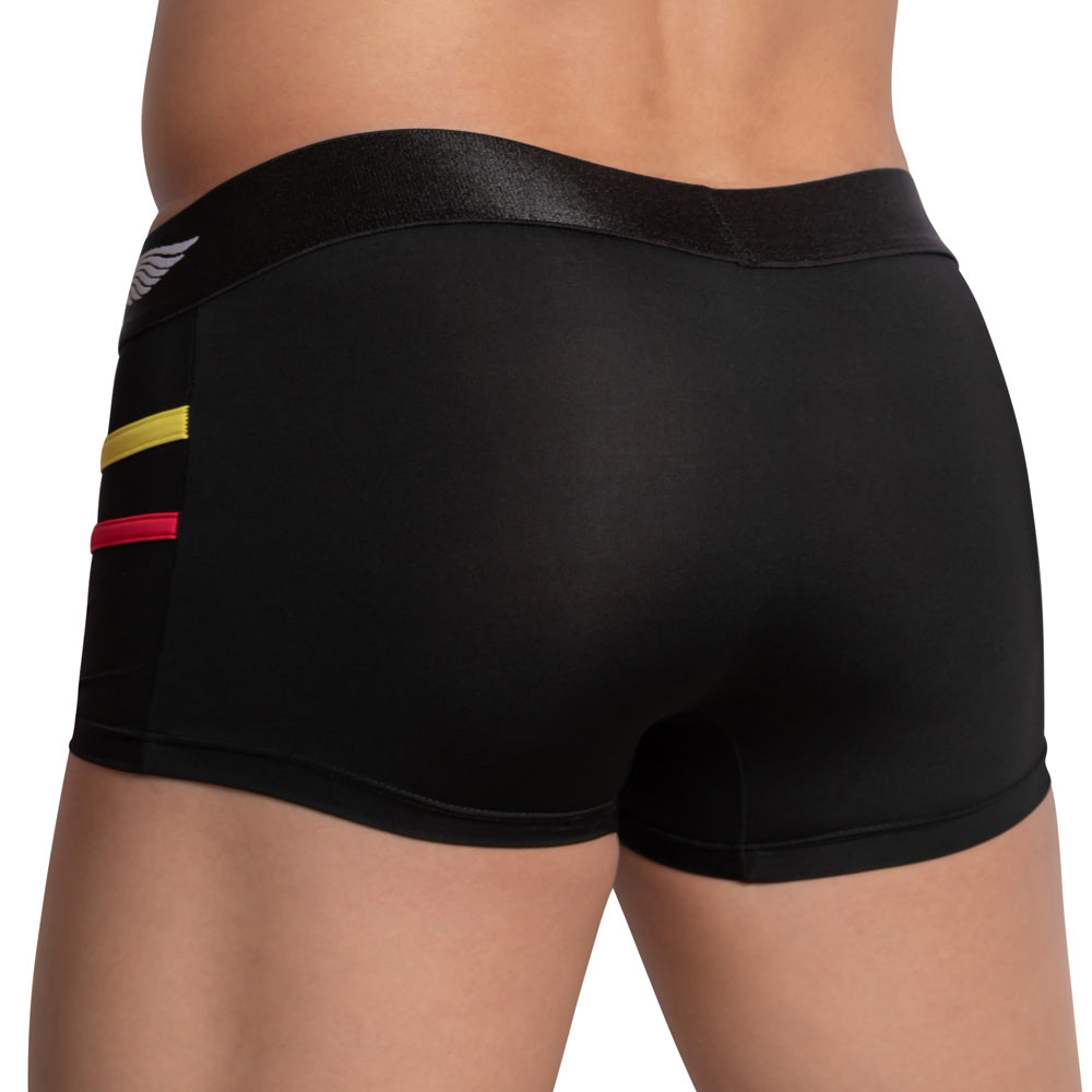Black men’s Agacio AGG064 boxer trunk with shiny waistband, yellow and red side stripes, and small white wing logo