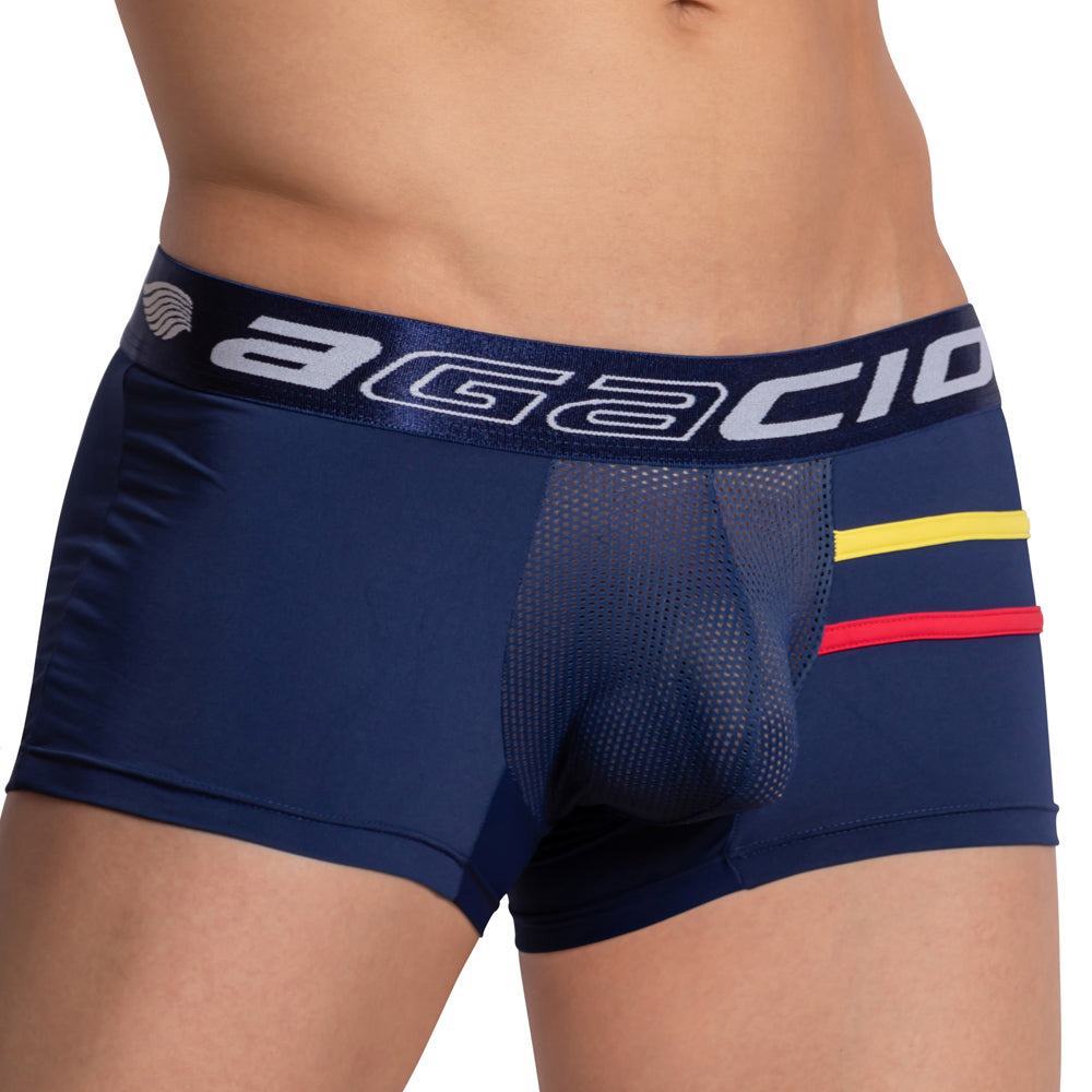 Navy blue agacio AGG064 men’s boxer trunks with mesh panel and yellow-red accent stripes for breathability