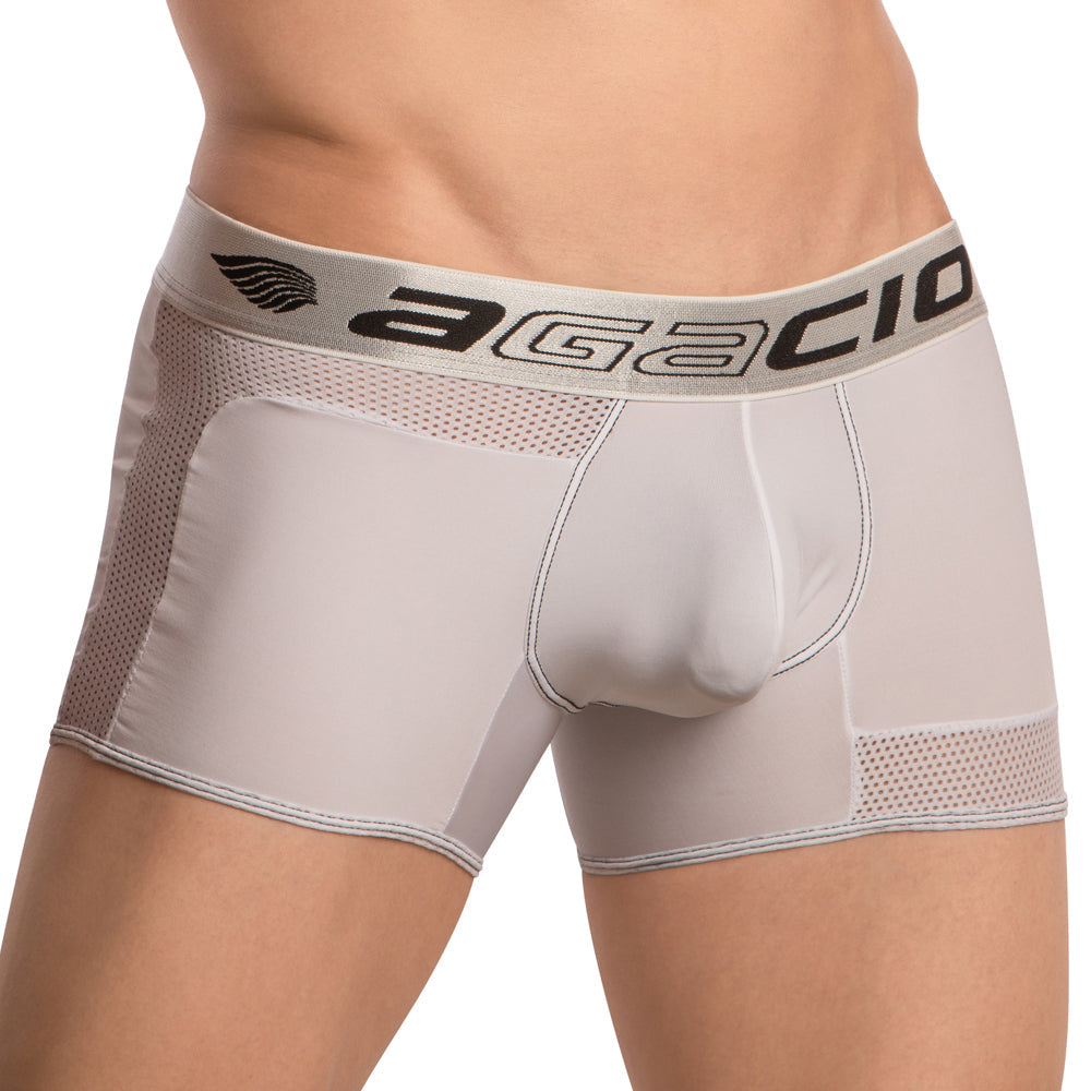 Gray agacio AGG079 men’s boxer briefs with breathable mesh panels and branded waistband for comfortable support