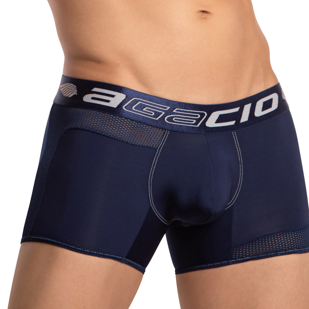 Navy blue agacio agg079 boxer trunk with mesh panels and white stitching for men’s breathable comfort