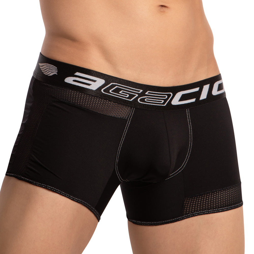 Black agacio agg079 boxer trunk with white logo and breathable mesh panels for men’s comfort and support