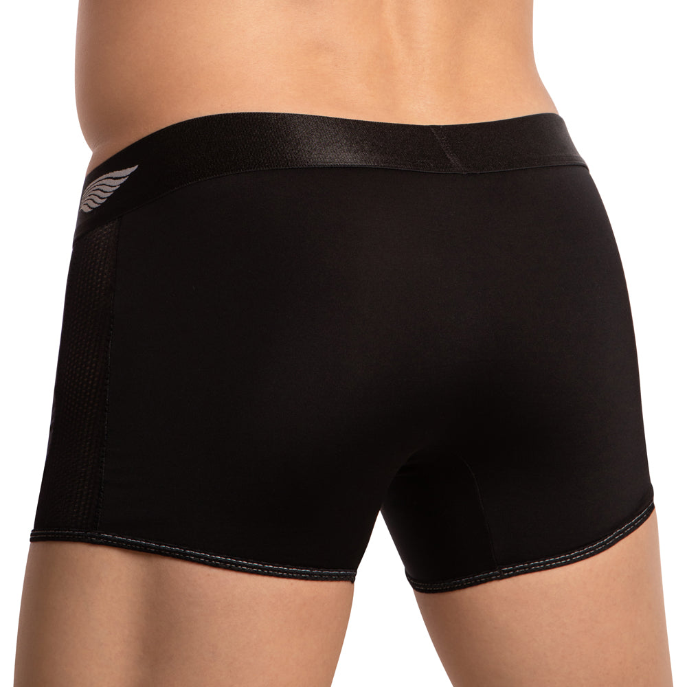 Black men’s boxer briefs agacio agg079 with sleek smooth fabric and subtle silver wing logo on black waistband