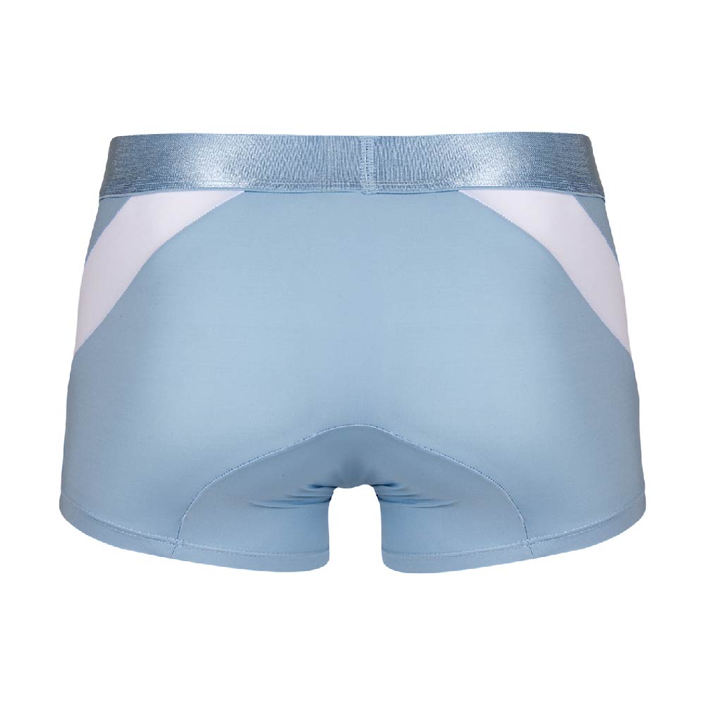 Light blue agacio agg087 boxer trunk with shiny silver waistband and white side panels designed for athletic wear