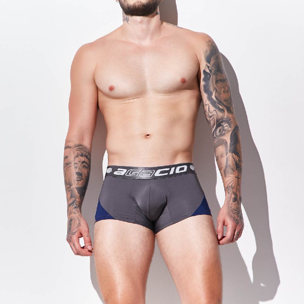 Gray and blue agacio AGG087 boxer trunk briefs with black waistband featuring agacio logo for athletic use