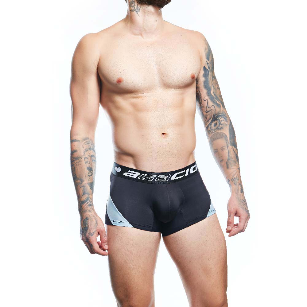Agacio AGG087 boxer trunk in black and light blue with white logo elastic waistband for athletic wear
