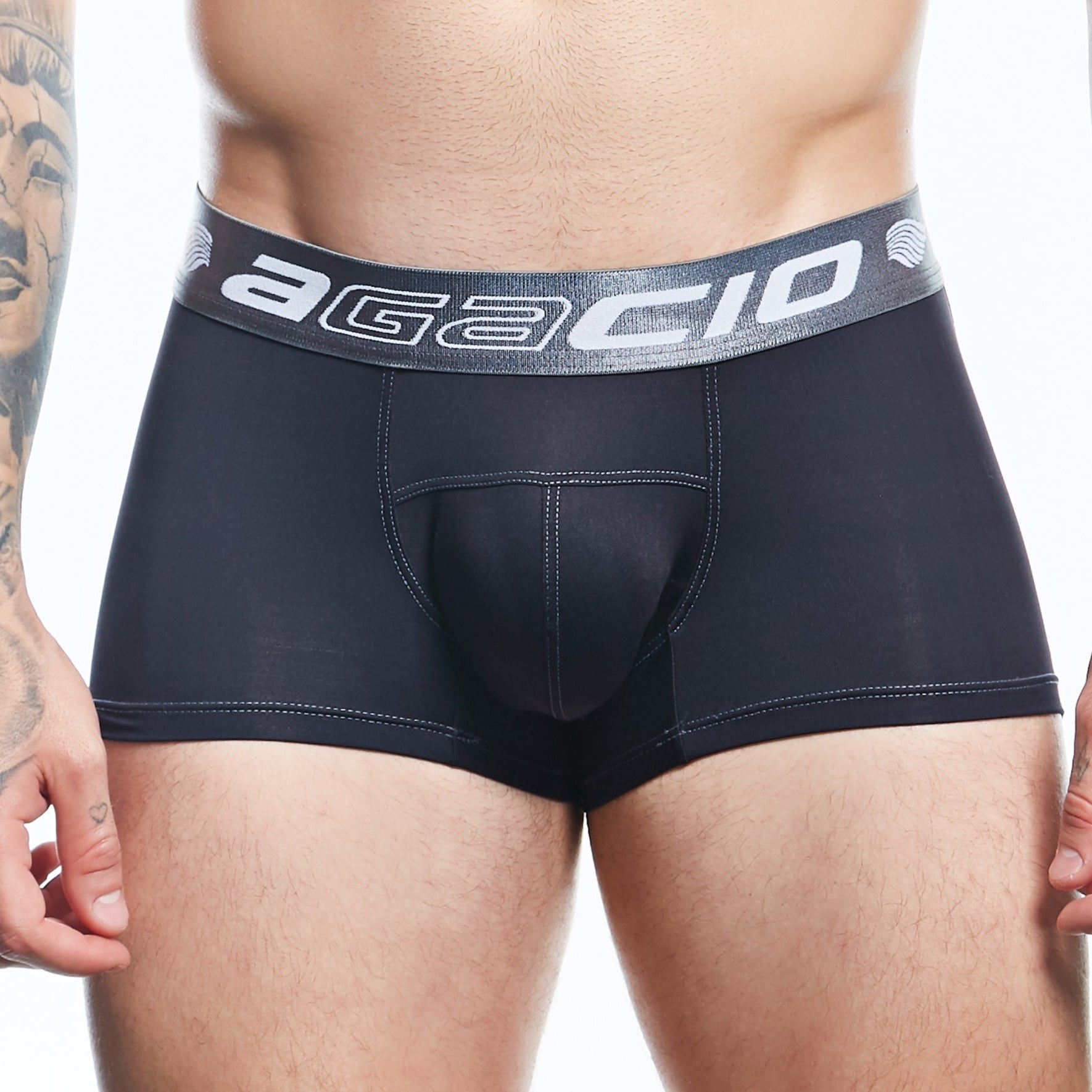 Black agacio agg088 boxer trunks with gray waistband white lettering and subtle wave patterns for comfortable wear