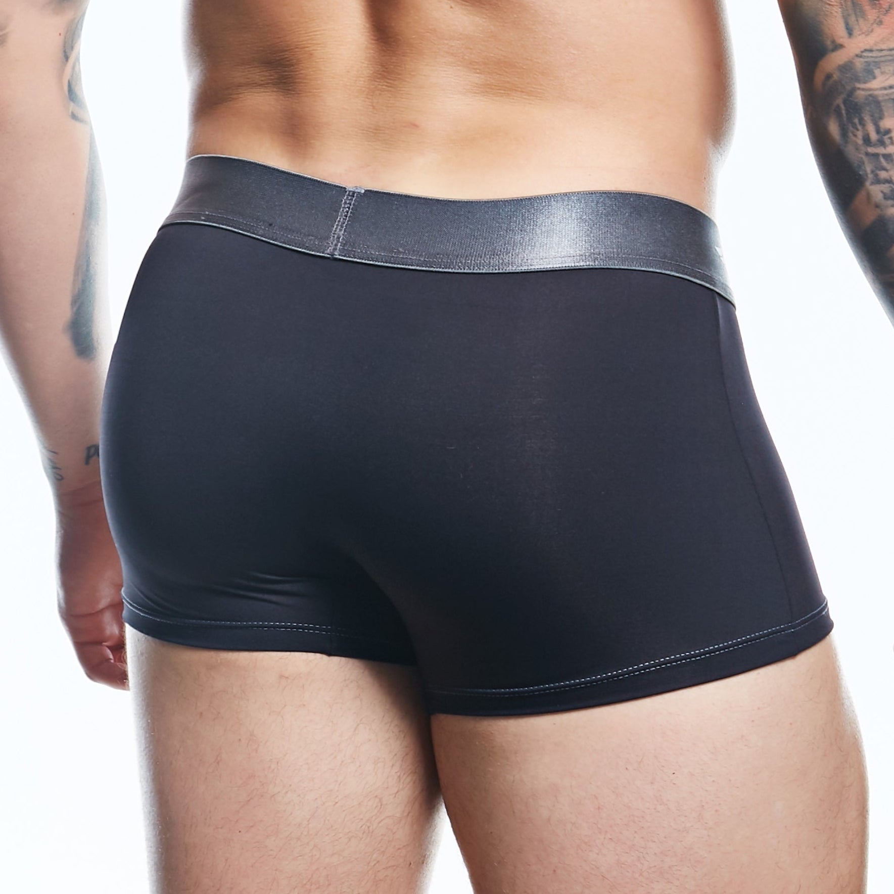 Black Agacio AGG088 boxer trunk briefs with sleek metallic gray waistband designed for comfortable everyday wear