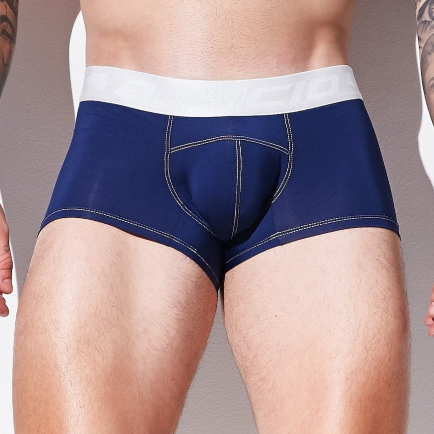 Navy blue Agacio AGG088 boxer trunk with white elastic waistband and contrasting light stitching for comfort and support