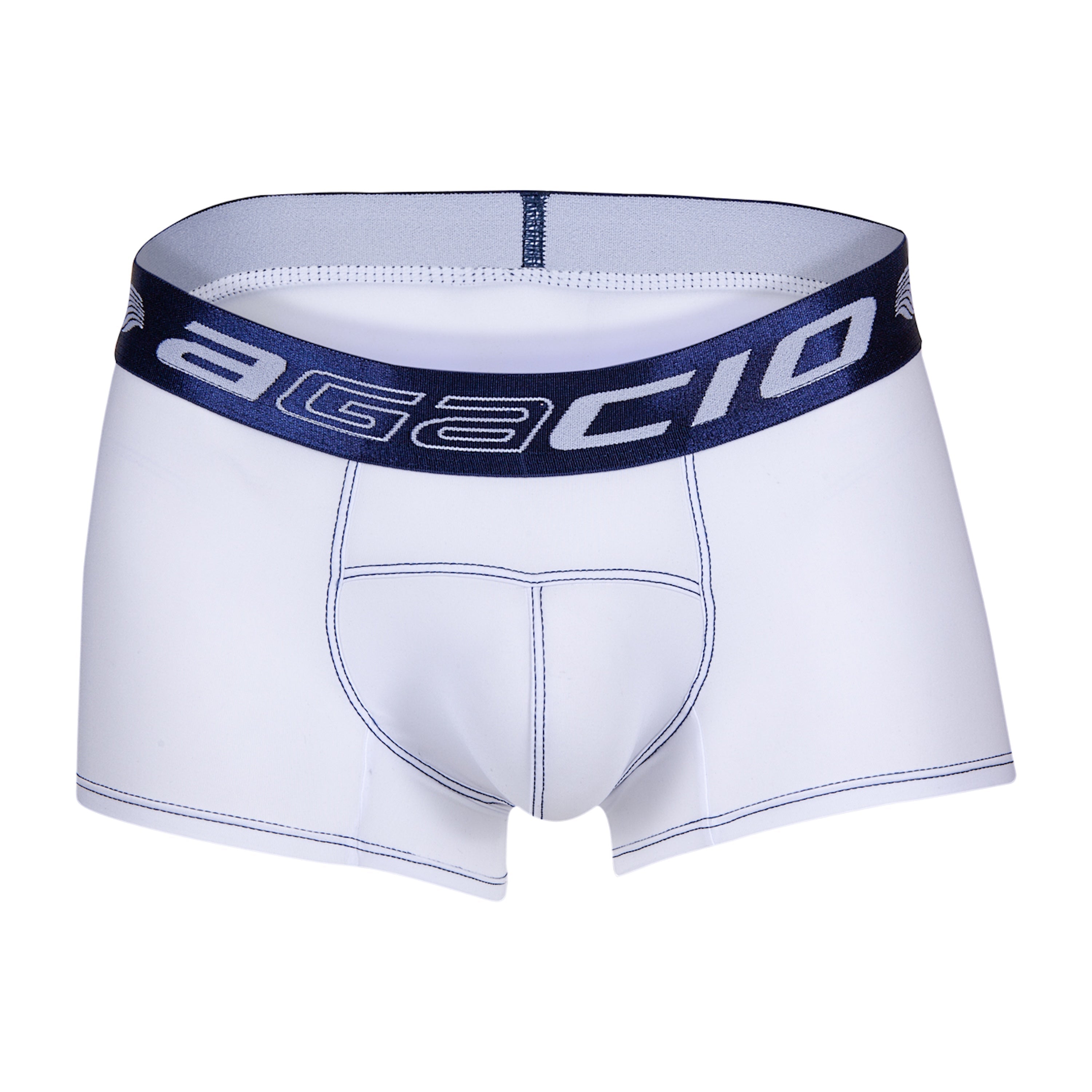 White agacio agg088 boxer trunk men’s briefs with navy blue elastic waistband and white brand lettering