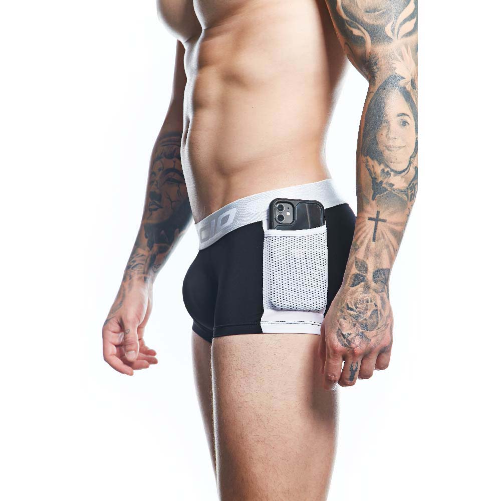 Agacio AGG089 boxer trunk black briefs with white mesh phone pocket and silver logo band on the side
