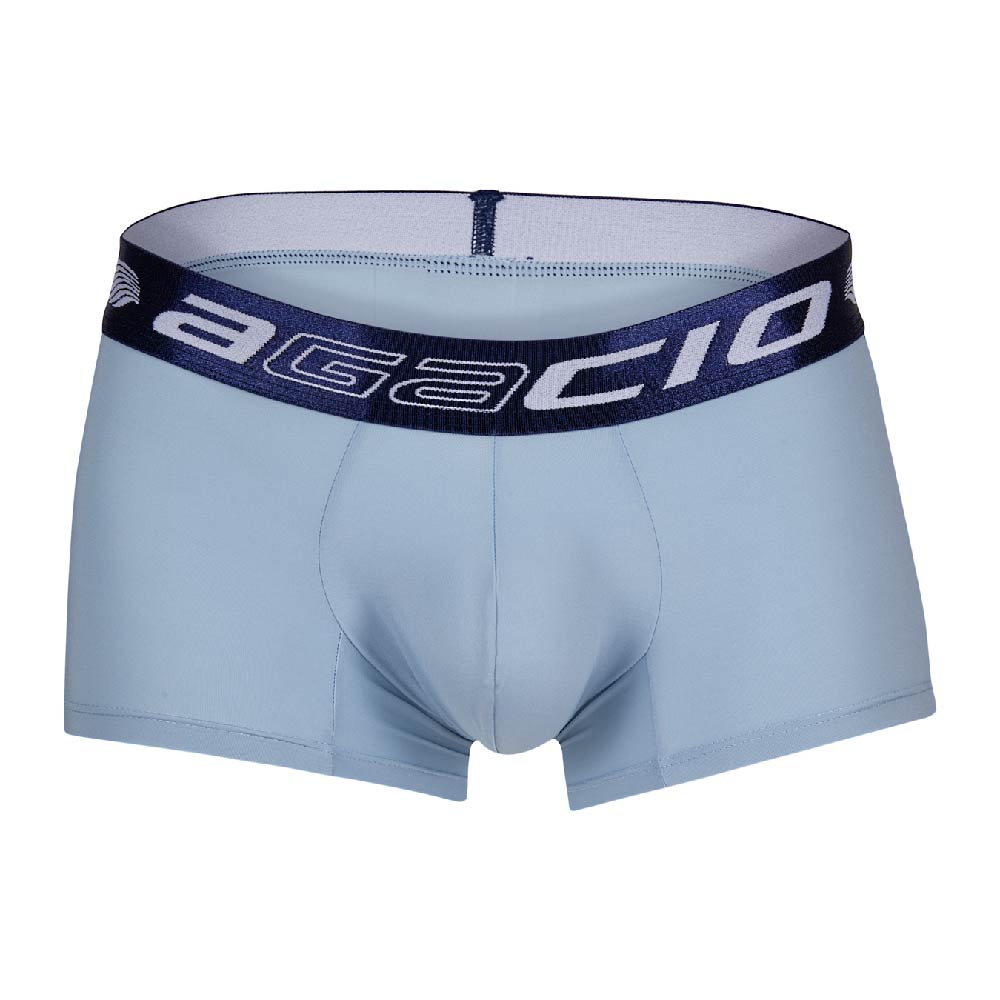 Light blue agacio agg089 men’s briefs with navy elastic waistband and white lettering for comfortable wear