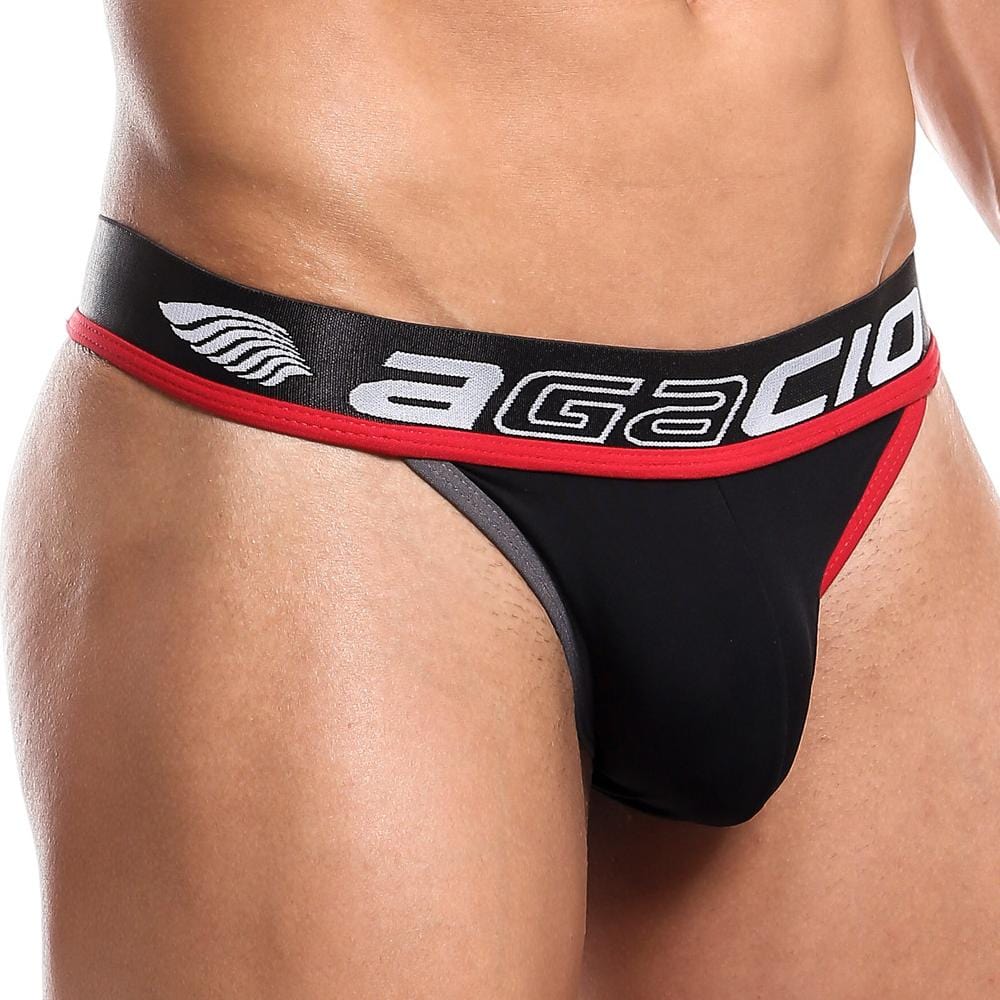 Black agacio agk013 thong briefs with red trim and white logo showing front side for comfortable wear