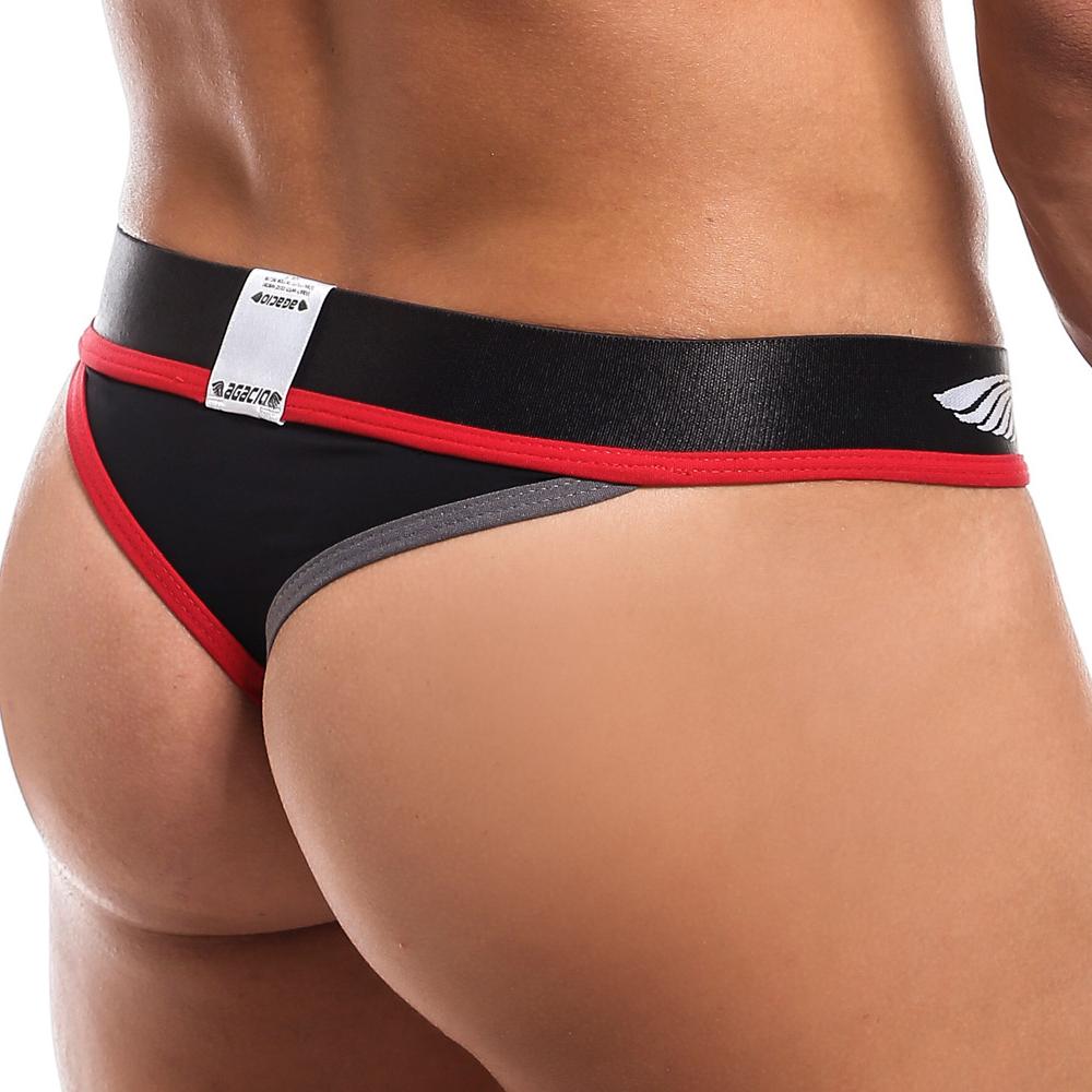 Black and red Agacio AGK013 thong with gray satin-like waistband and aggecion brand logo visible on front side
