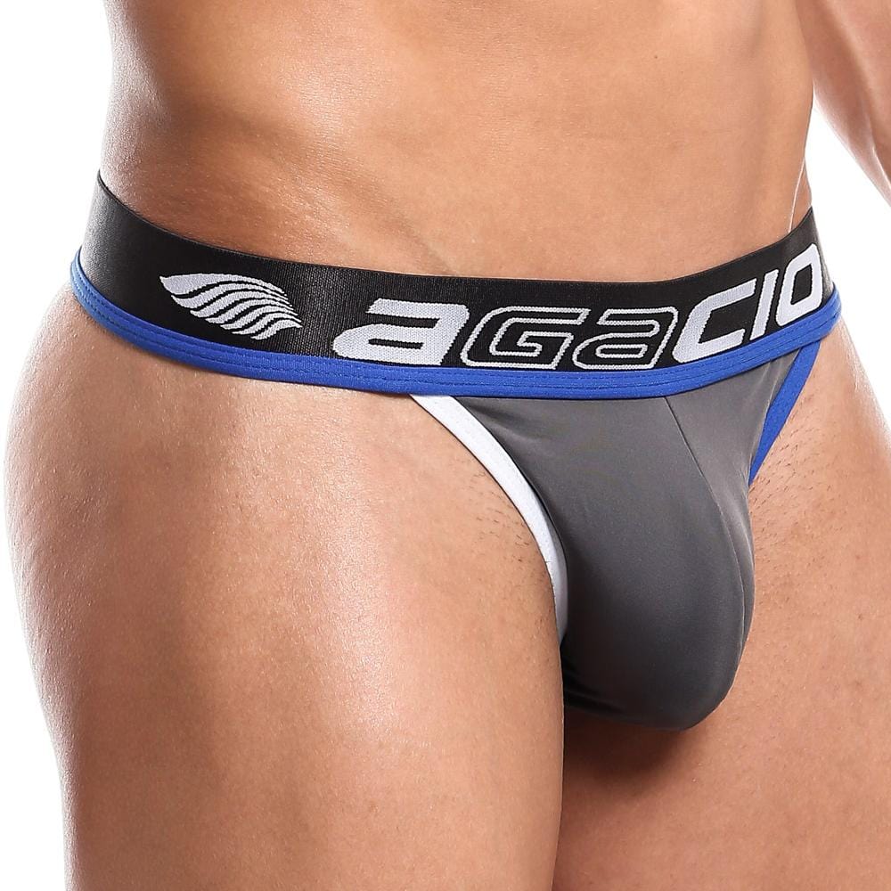 Agacio AGK013 thong briefs in gray and blue with a black waistband featuring white Agacio branding