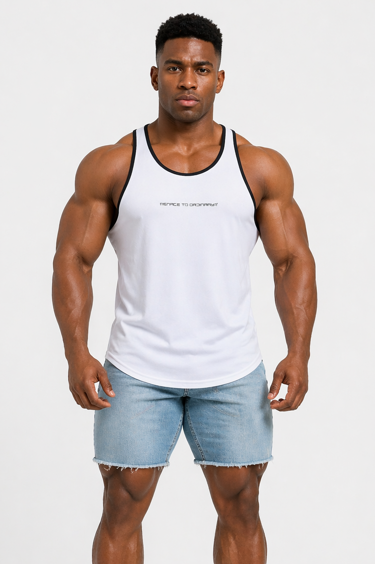 Camiseta de tirantes Jed North Fast-Dry para culturismo - Blanca con "Navy Menace"