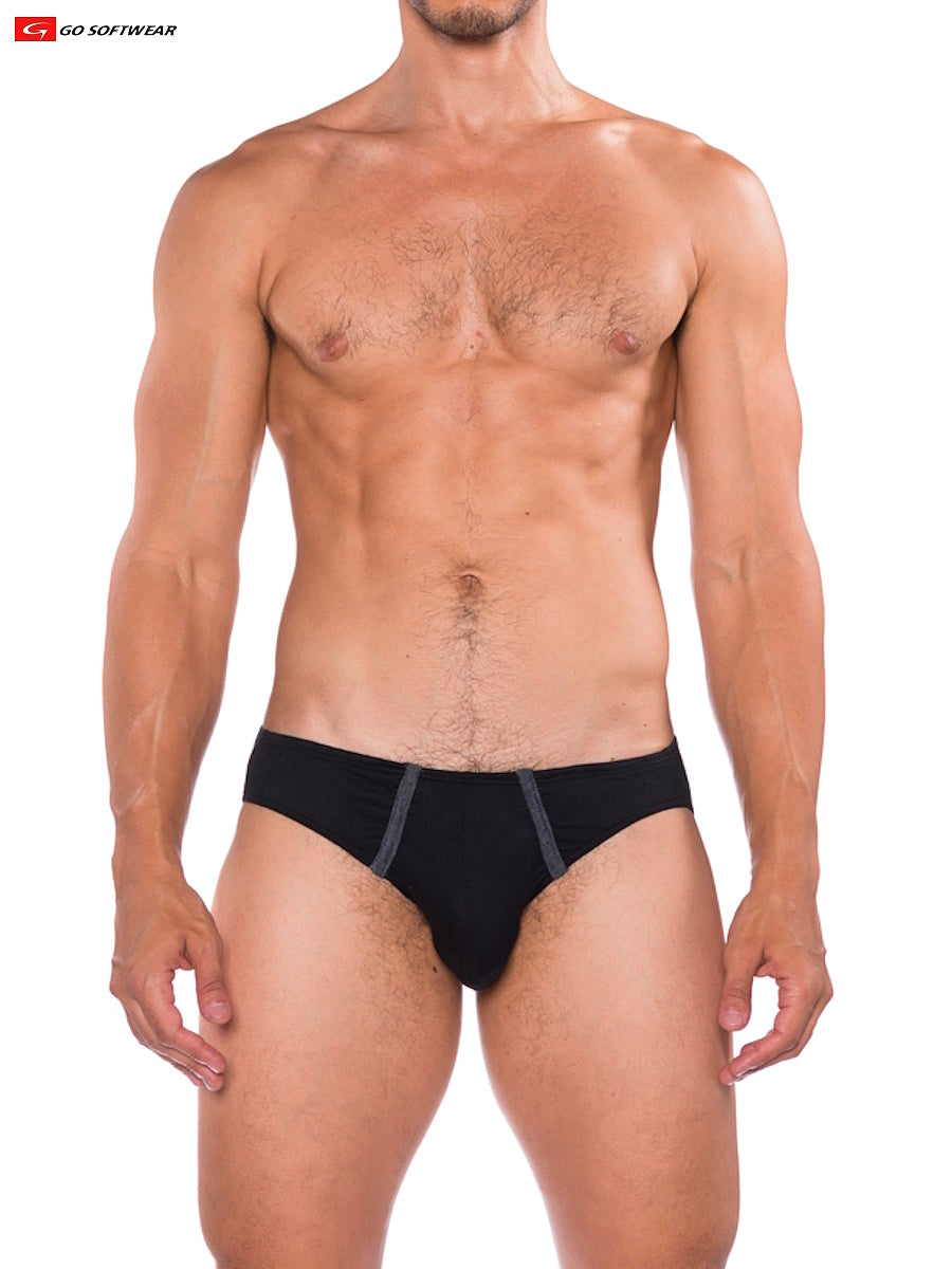 Black briefs with gray side panels in a sleek modern design from go softwear billed b2e brief for comfortable wear