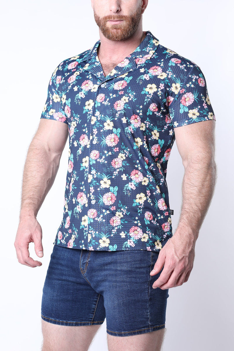 Balboa button down shirt men’s navy blue short sleeve button up shirt with vibrant pink white and light green floral pattern