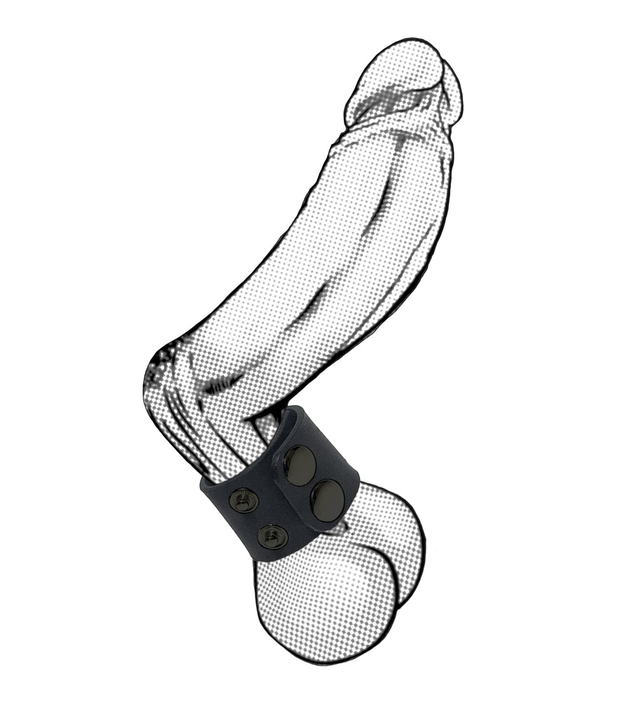 Black leather ball strap with three metal studs wrapped around a phallic-shaped object red model