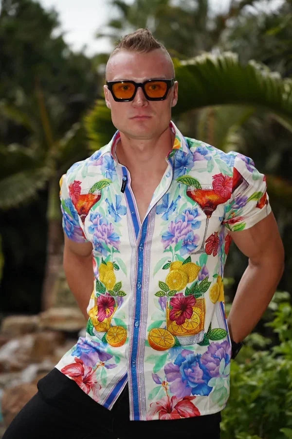 Barabas Men's Cocktails Rhinestone S/S Shirt - White