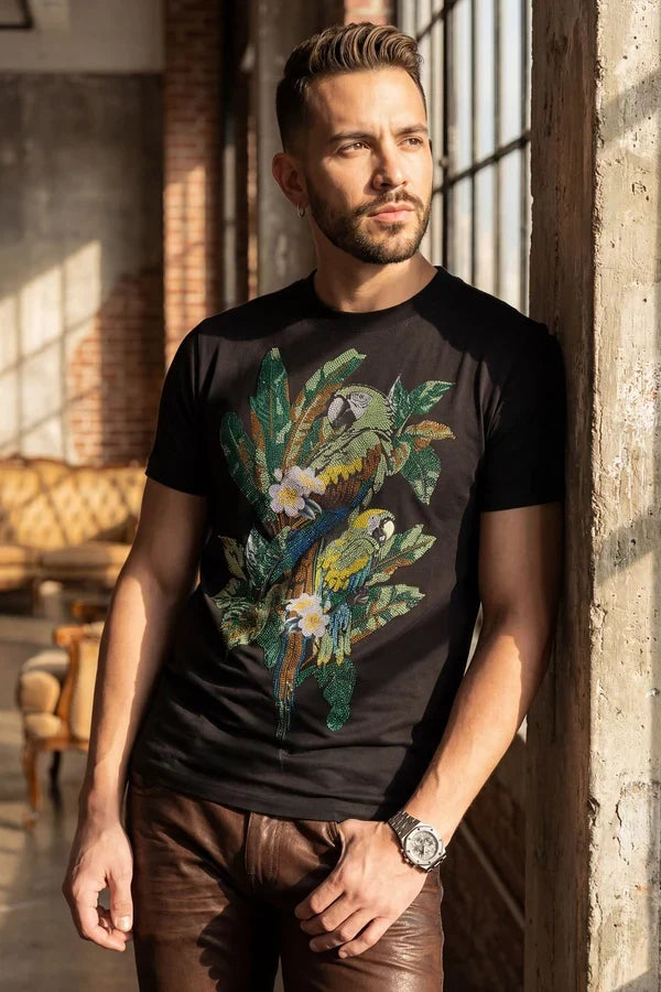 Barabas Men's Laurent Trpoical Iguana Rhinestone T-Shirt - Black