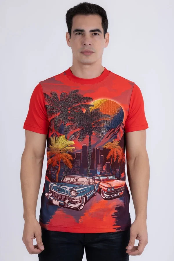 Barabas Men's Miami Classic Cars Rhinestone T-Shirt - Red