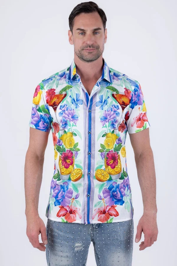 Barabas Men's Cocktails Rhinestone S/S Shirt - White