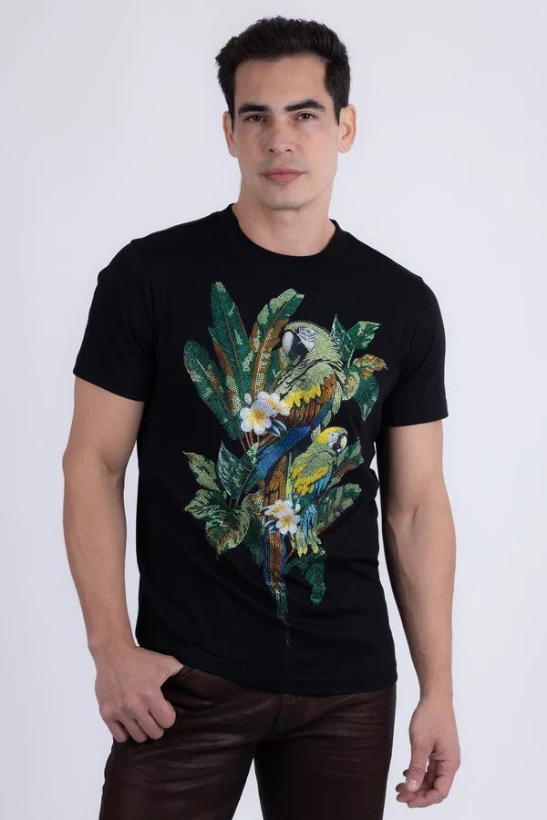 Barabas Men's Laurent Trpoical Iguana Rhinestone T-Shirt - Black