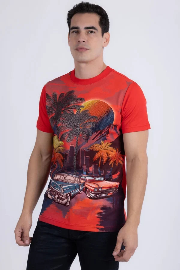 Barabas Men's Miami Classic Cars Rhinestone T-Shirt - Red