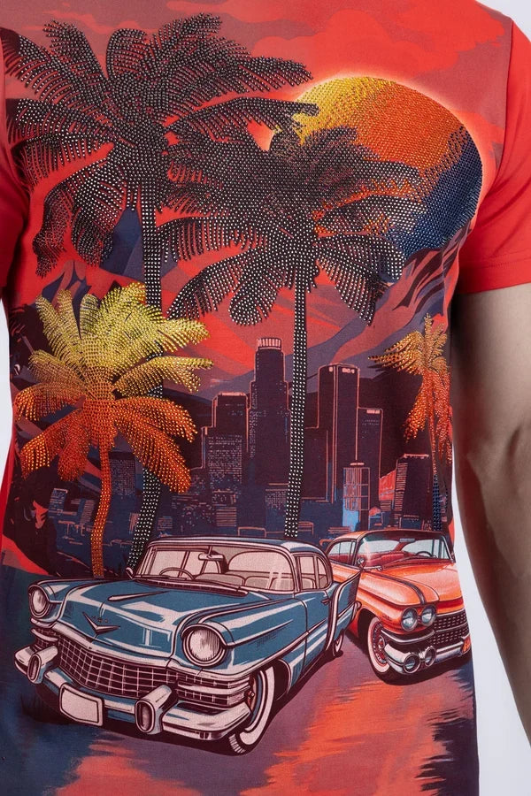 Barabas Men's Miami Classic Cars Rhinestone T-Shirt - Red