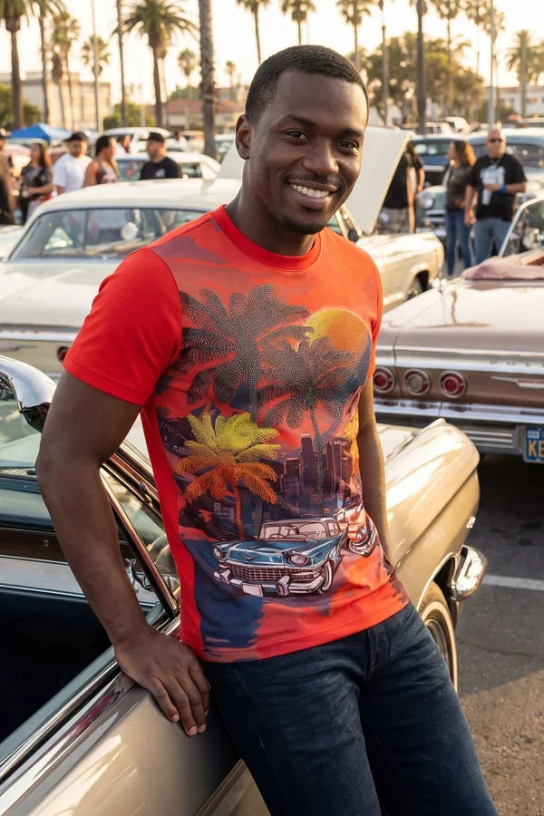 Barabas Men's Miami Classic Cars Rhinestone T-Shirt - Red