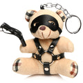 Beige plush teddy bear keychain with black leather mask harness and plaid ears and paws for bdsm accessory