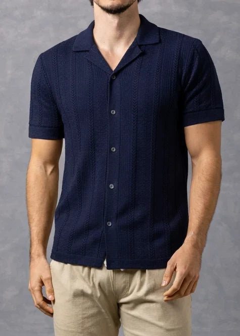 Bespoke Moda Men's Cable Stich Knit S/S Shirt - Navy