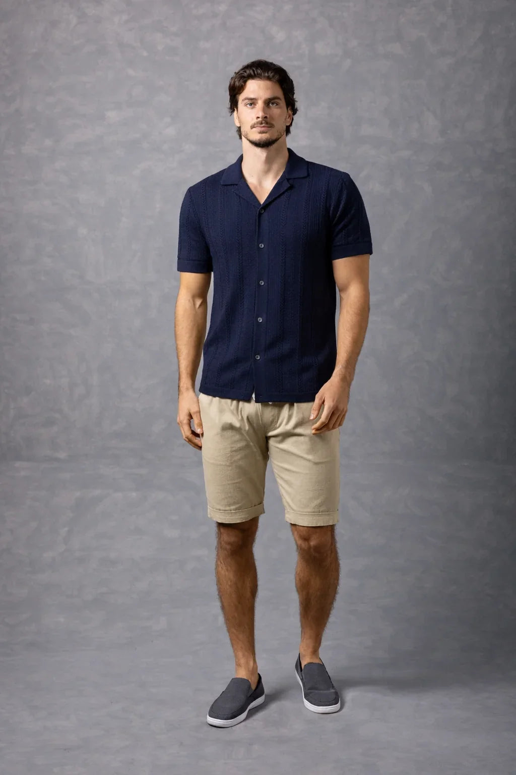 Bespoke Moda Men's Cable Stich Knit S/S Shirt - Navy