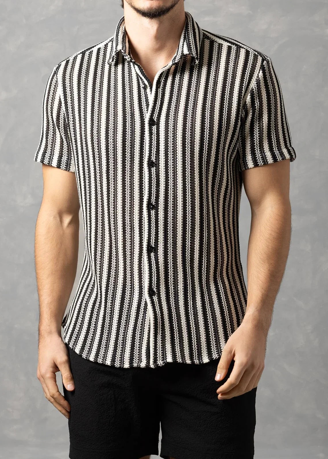 Bespoke Moda Men's Striped Textured S/S Shirt - Black