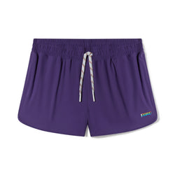 Purple BIKE athletic track shorts with an elastic waistband, white drawstring, and rainbow logo.