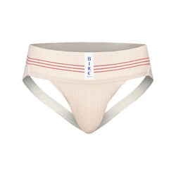 Vintage cream BIKE jockstrap with red stripes on the waistband and a vertical logo patch in the center.