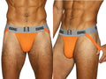 Orange BIKE athletic jockstrap with gray waistband, shown from front and side.