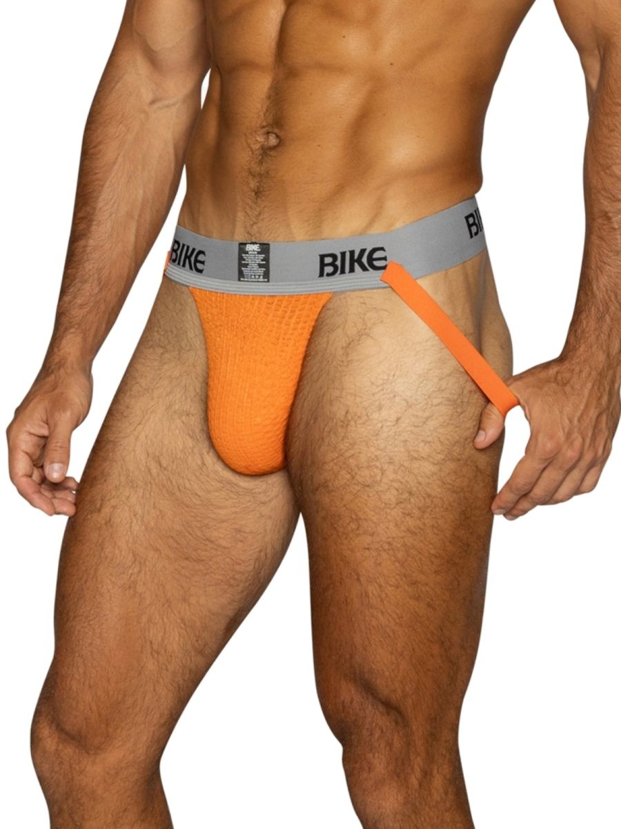 Orange BIKE athletic jockstrap with gray waistband and orange strap.