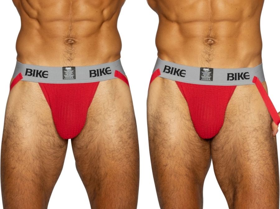 Red BIKE athletic jockstrap underwear for men with grey waistband.