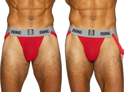 Red BIKE athletic jockstrap underwear for men with grey waistband.