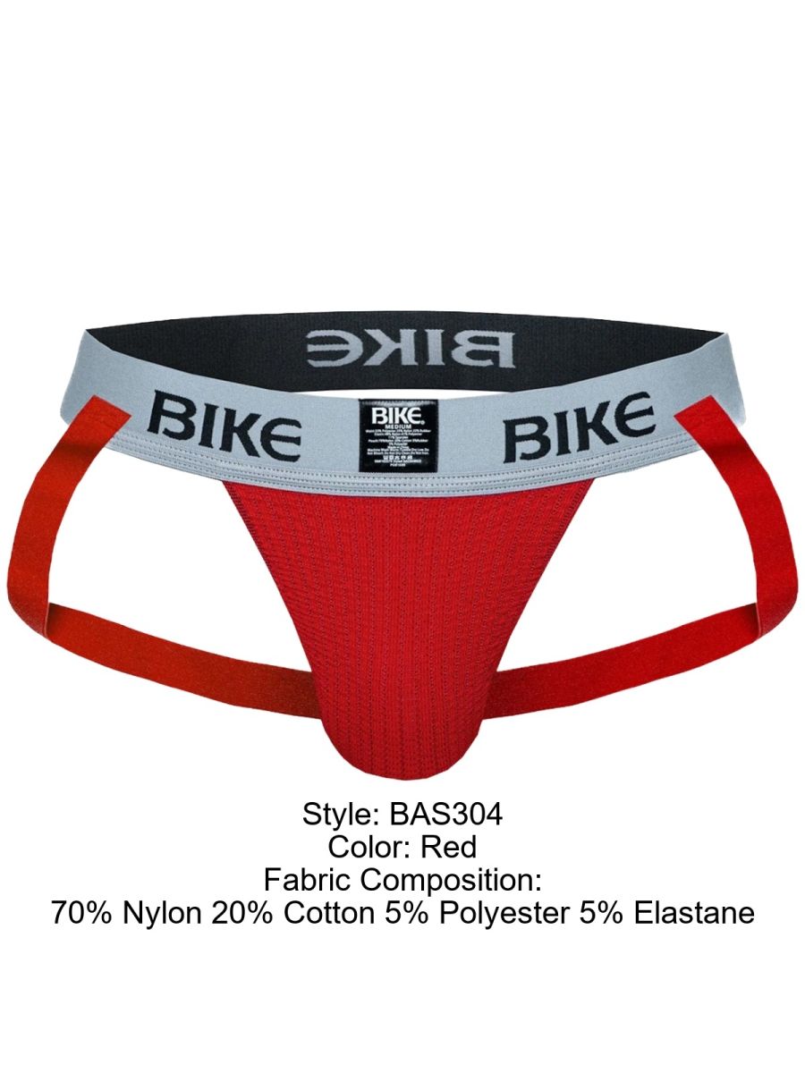 Red BIKE athletic jockstrap with gray waistband and red straps.