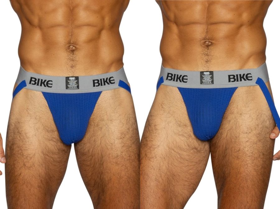 BIKE Royal blue men's athletic jockstrap with grey waistband.